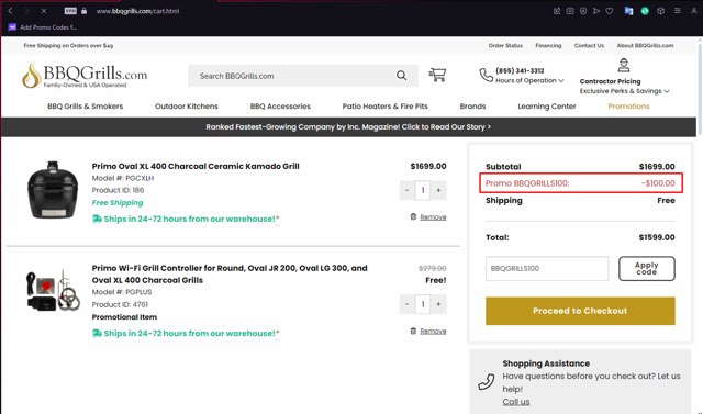 BBQGrills.com checkout page showing BBQGrills.com promo code box | Screenshot taken by SimplyCodes community member on May 6, 2024