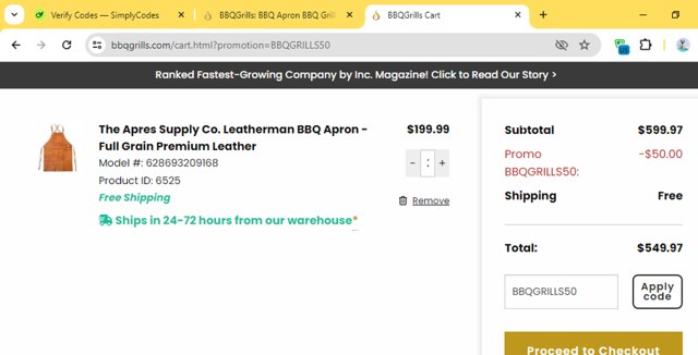 BBQGrills.com checkout page showing BBQGrills.com promo code box | Screenshot taken by SimplyCodes community member on May 30, 2024