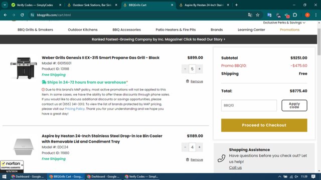 BBQGrills.com checkout page showing BBQGrills.com promo code box | Screenshot taken by SimplyCodes community member on May 6, 2024