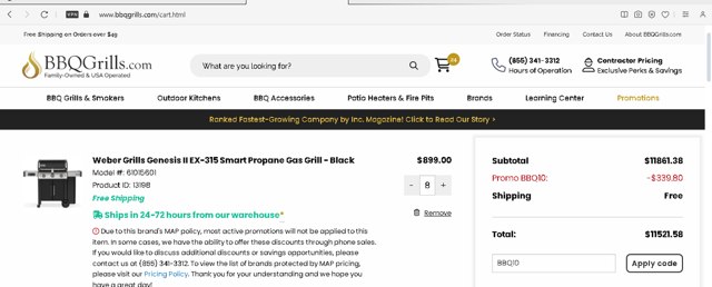 BBQGrills.com checkout page showing BBQGrills.com promo code box | Screenshot taken by SimplyCodes community member on Apr 16, 2024