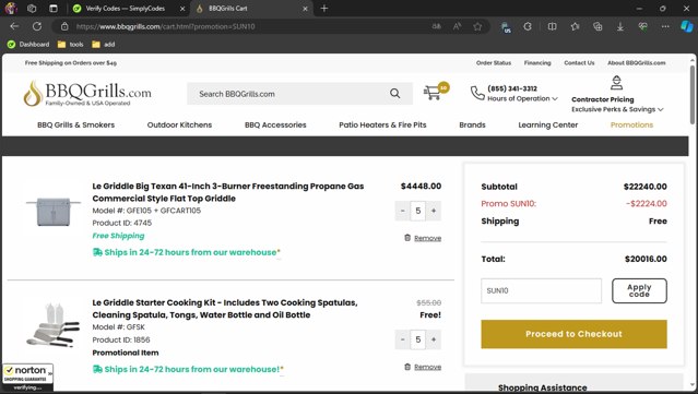 BBQGrills.com checkout page showing BBQGrills.com promo code box | Screenshot taken by SimplyCodes community member on May 6, 2024