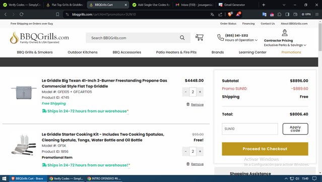 BBQGrills.com checkout page showing BBQGrills.com promo code box | Screenshot taken by SimplyCodes community member on May 15, 2024