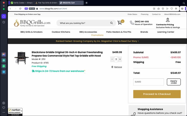 BBQGrills.com checkout page showing BBQGrills.com promo code box | Screenshot taken by SimplyCodes community member on Apr 16, 2024