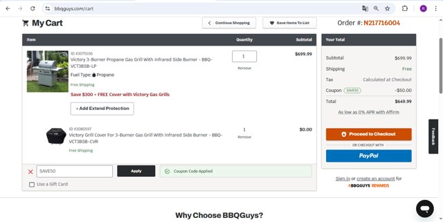 BBQGuys checkout page showing BBQGuys coupon code box | Screenshot taken by SimplyCodes community member on Apr 13, 2025