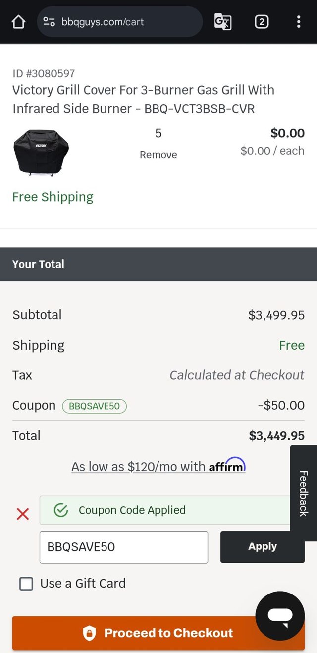 BBQGuys checkout page showing BBQGuys coupon code box | Screenshot taken by SimplyCodes community member on Mar 10, 2025