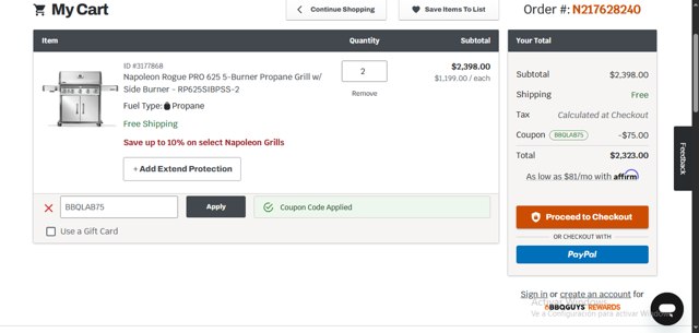BBQGuys checkout page showing BBQGuys coupon code box | Screenshot taken by SimplyCodes community member on Mar 19, 2025
