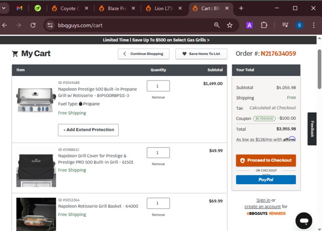 BBQGuys checkout page showing BBQGuys coupon code box | Screenshot taken by SimplyCodes community member on Mar 21, 2025