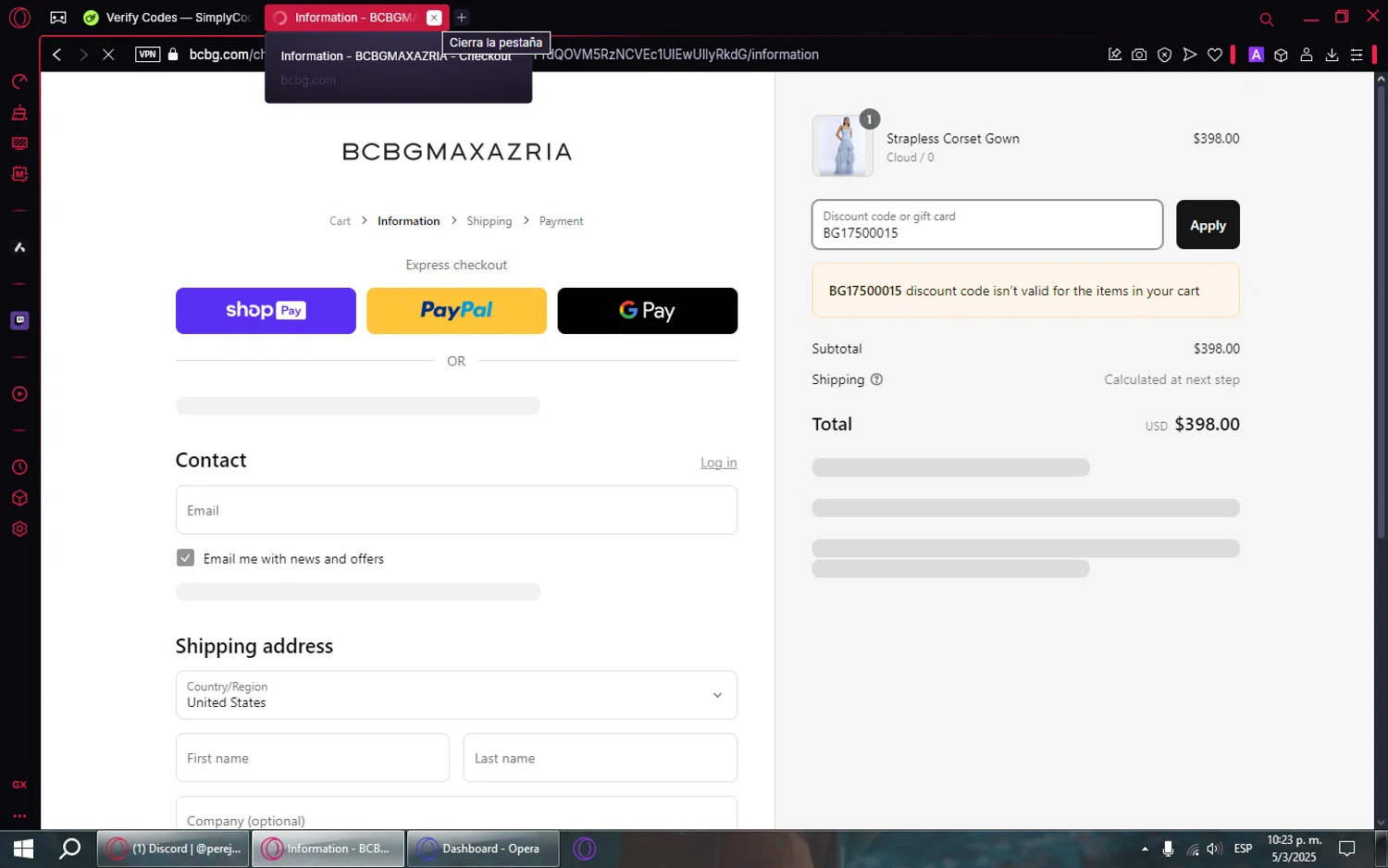 BCBGMAXAZRIA promo code screenshot showing code BG17500015 applied at BCBGMAXAZRIA checkout page. Uploaded by SimplyCodes community member TreasureVoyager1860 on Mar 6, 2025