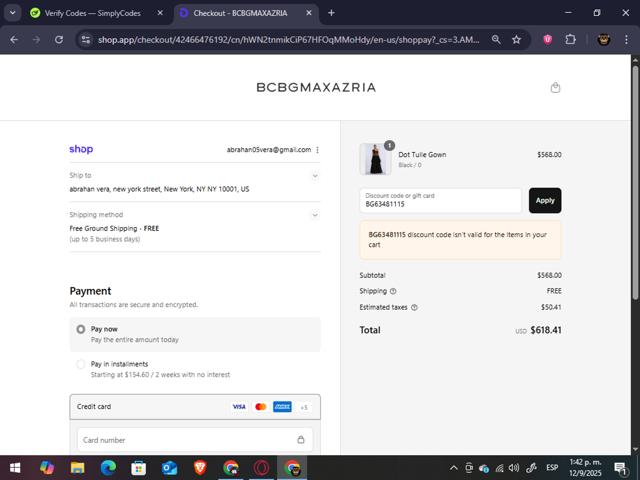 BCBGMAXAZRIA checkout page showing BCBGMAXAZRIA promo code box | Screenshot taken by SimplyCodes community member on Sep 12, 2025
