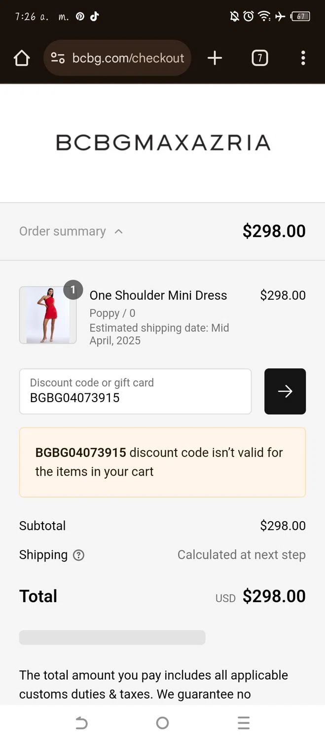 BCBGMAXAZRIA promo code screenshot showing code BGBG04073915 applied at BCBGMAXAZRIA checkout page. Uploaded by SimplyCodes community member WonderW on Feb 24, 2025