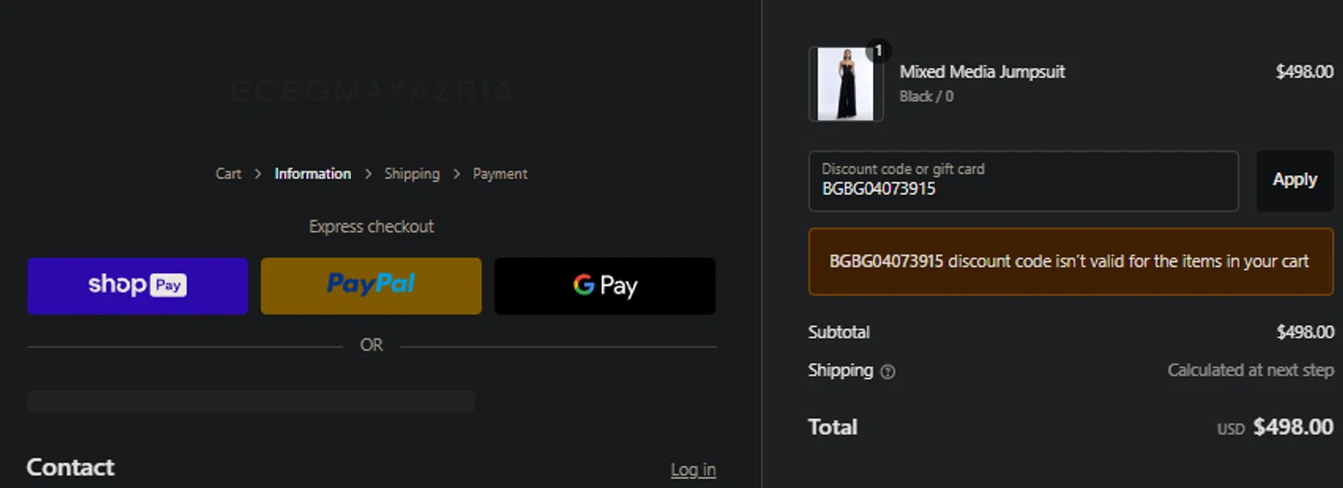 BCBGMAXAZRIA promo code screenshot showing code BGBG04073915 applied at BCBGMAXAZRIA checkout page. Uploaded by SimplyCodes community member SpiderGwen on Feb 24, 2025
