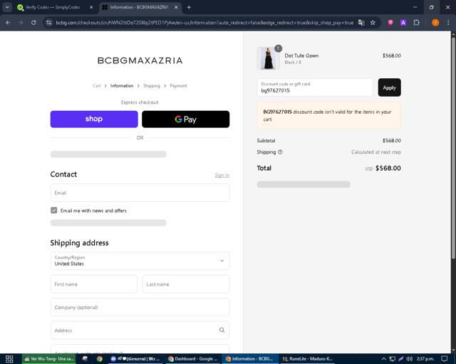 BCBGMAXAZRIA checkout page showing BCBGMAXAZRIA promo code box | Screenshot taken by SimplyCodes community member on Sep 12, 2025
