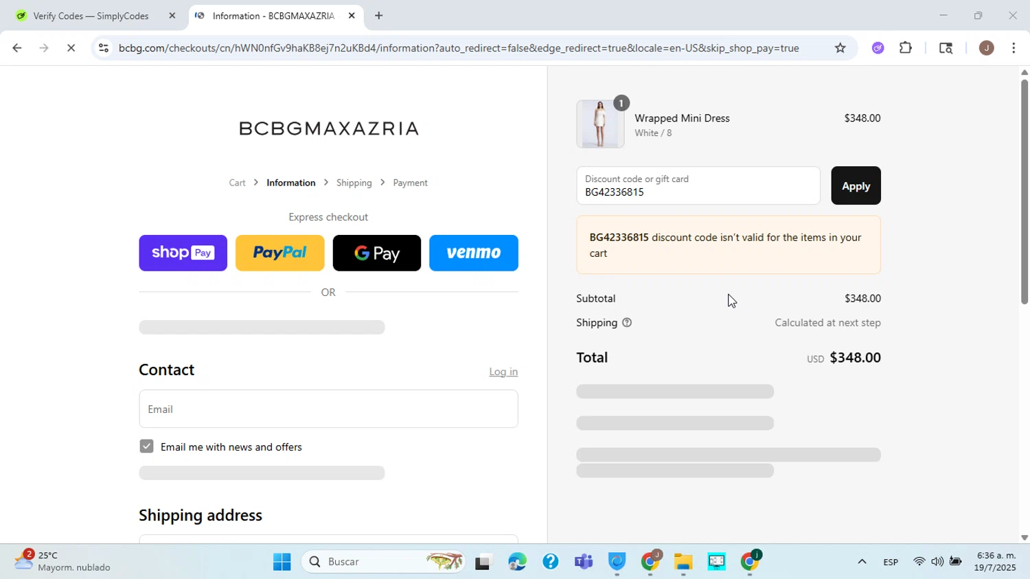 BCBGMAXAZRIA promo code screenshot showing code BG42336815 applied at BCBGMAXAZRIA checkout page. Uploaded by SimplyCodes community member ABHF23 on Jul 19, 2025