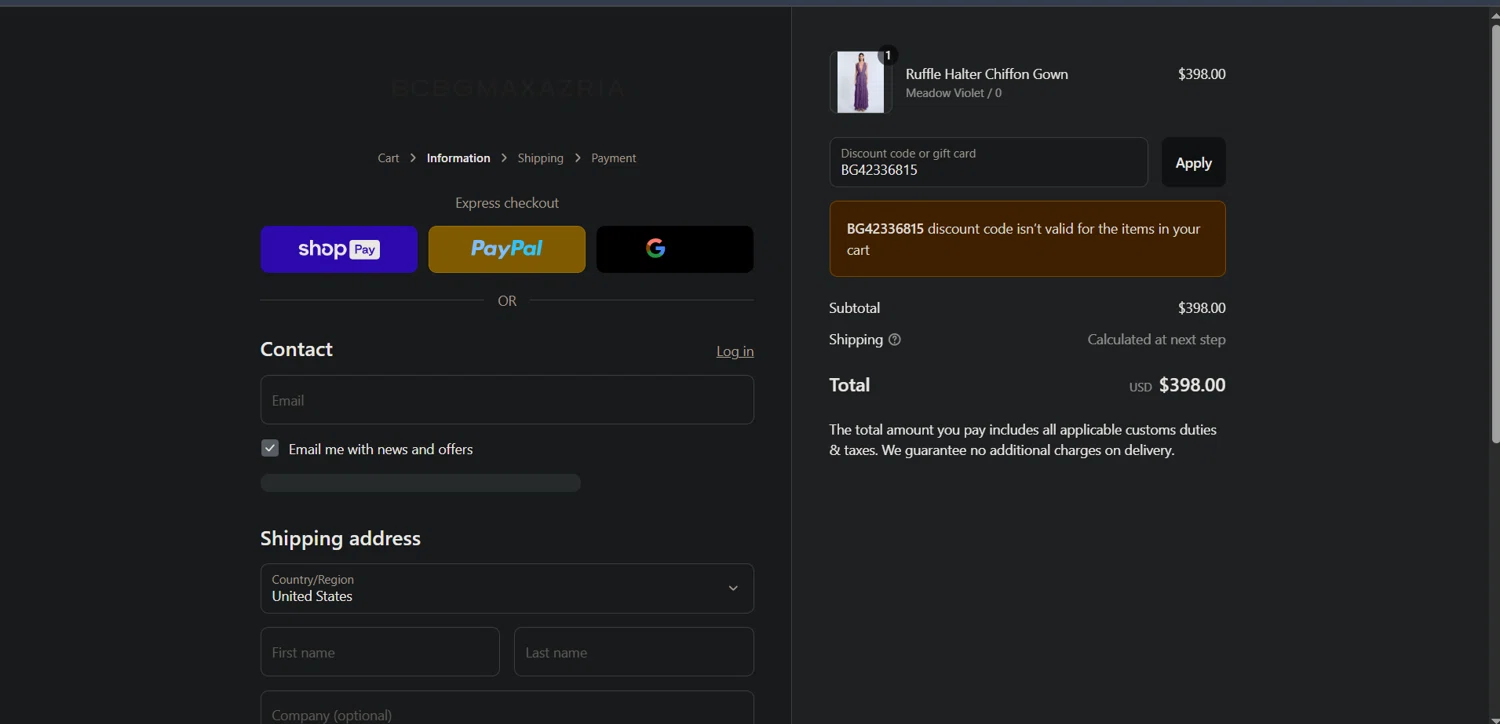 BCBGMAXAZRIA promo code screenshot showing code BG42336815 applied at BCBGMAXAZRIA checkout page. Uploaded by SimplyCodes community member Ray_YNN on Jun 26, 2025