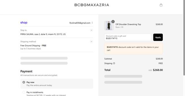 BCBGMAXAZRIA checkout page showing BCBGMAXAZRIA promo code box | Screenshot taken by SimplyCodes community member on Sep 12, 2025