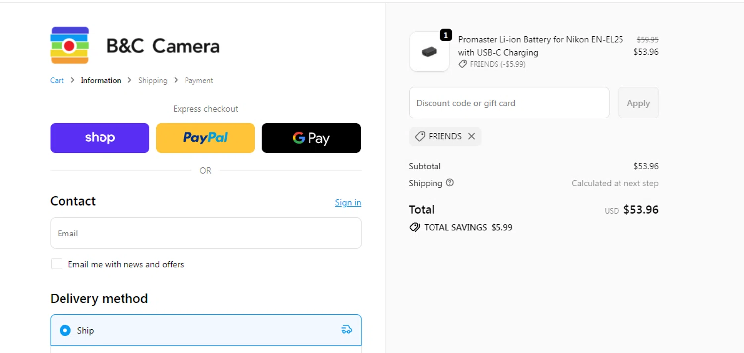 B&C Camera promo code screenshot showing code friends applied at B&C Camera checkout page. Uploaded by SimplyCodes community member obito1234 on Oct 3, 2025
