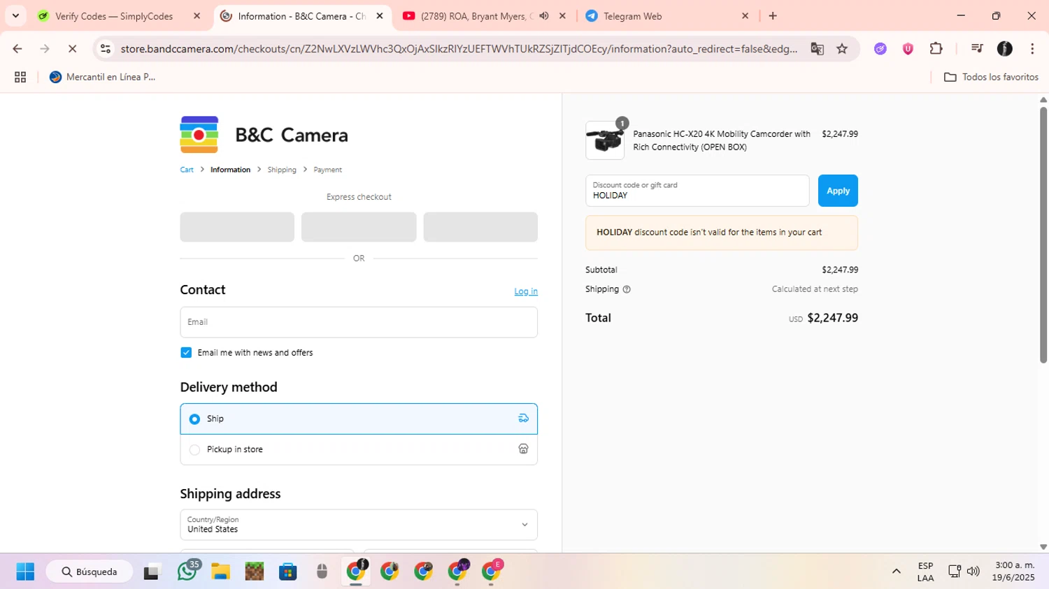 B&C Camera promo code screenshot showing code HOLIDAY applied at B&C Camera checkout page. Uploaded by SimplyCodes community member ChinoYugiXD on Jun 19, 2025