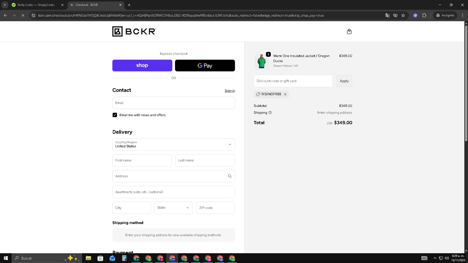 BCKR promo code screenshot showing code RISINGFREE applied at BCKR checkout page. Uploaded by SimplyCodes community member CRF250CC on Nov 15, 2025