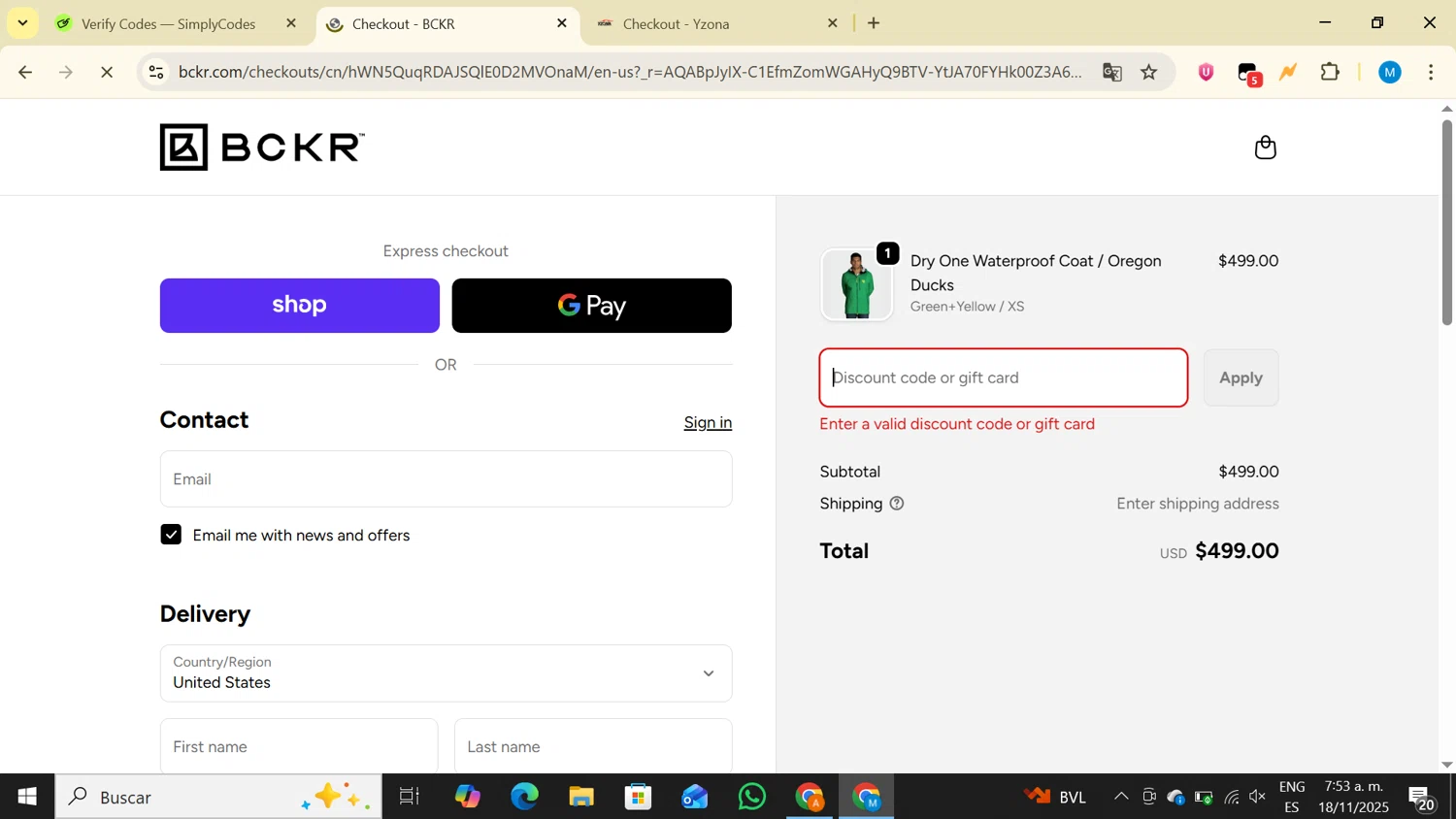 BCKR promo code screenshot showing code DTL10 applied at BCKR checkout page. Uploaded by SimplyCodes community member LegendaryAce4371 on Nov 18, 2025