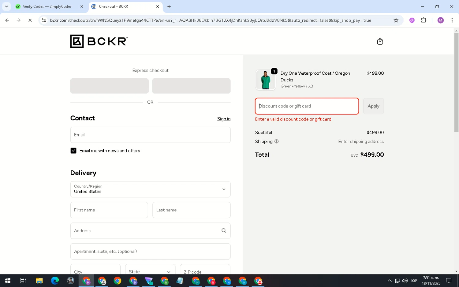 BCKR promo code screenshot showing code DTL10 applied at BCKR checkout page. Uploaded by SimplyCodes community member MightyShopper3015 on Nov 18, 2025