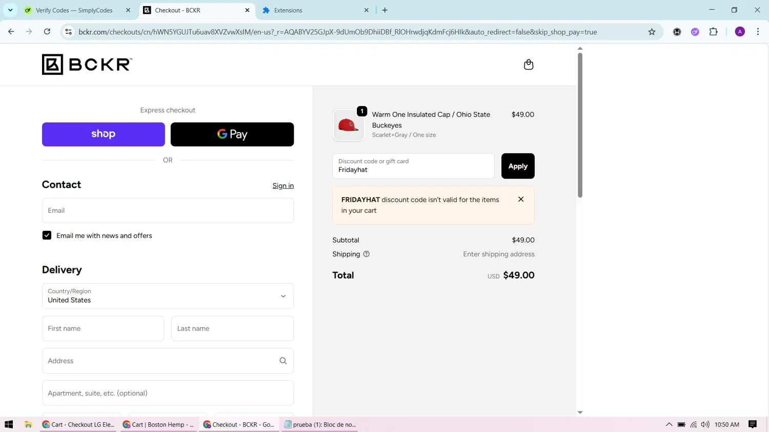 BCKR promo code screenshot showing code Fridayhat applied at BCKR checkout page. Uploaded by SimplyCodes community member CashChaser7272 on Nov 21, 2025