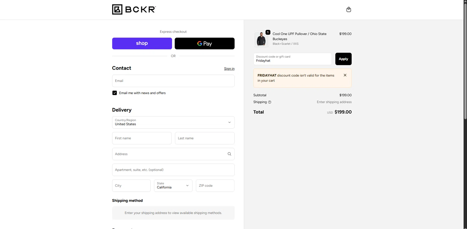 BCKR promo code screenshot showing code Fridayhat applied at BCKR checkout page. Uploaded by SimplyCodes community member TreasureHero9595 on Nov 23, 2025