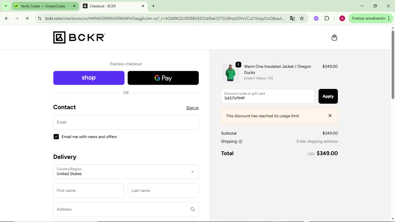 BCKR promo code screenshot showing code S457VPMP applied at BCKR checkout page. Uploaded by SimplyCodes community member CrownFinder3074 on Dec 15, 2025
