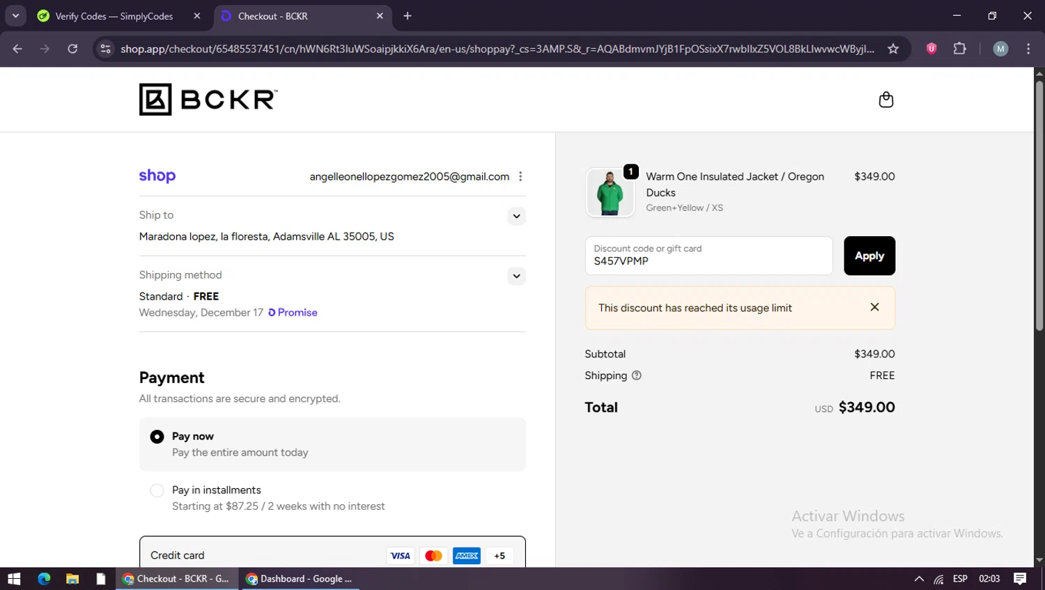 BCKR promo code screenshot showing code S457VPMP applied at BCKR checkout page. Uploaded by SimplyCodes community member maraxo on Dec 15, 2025