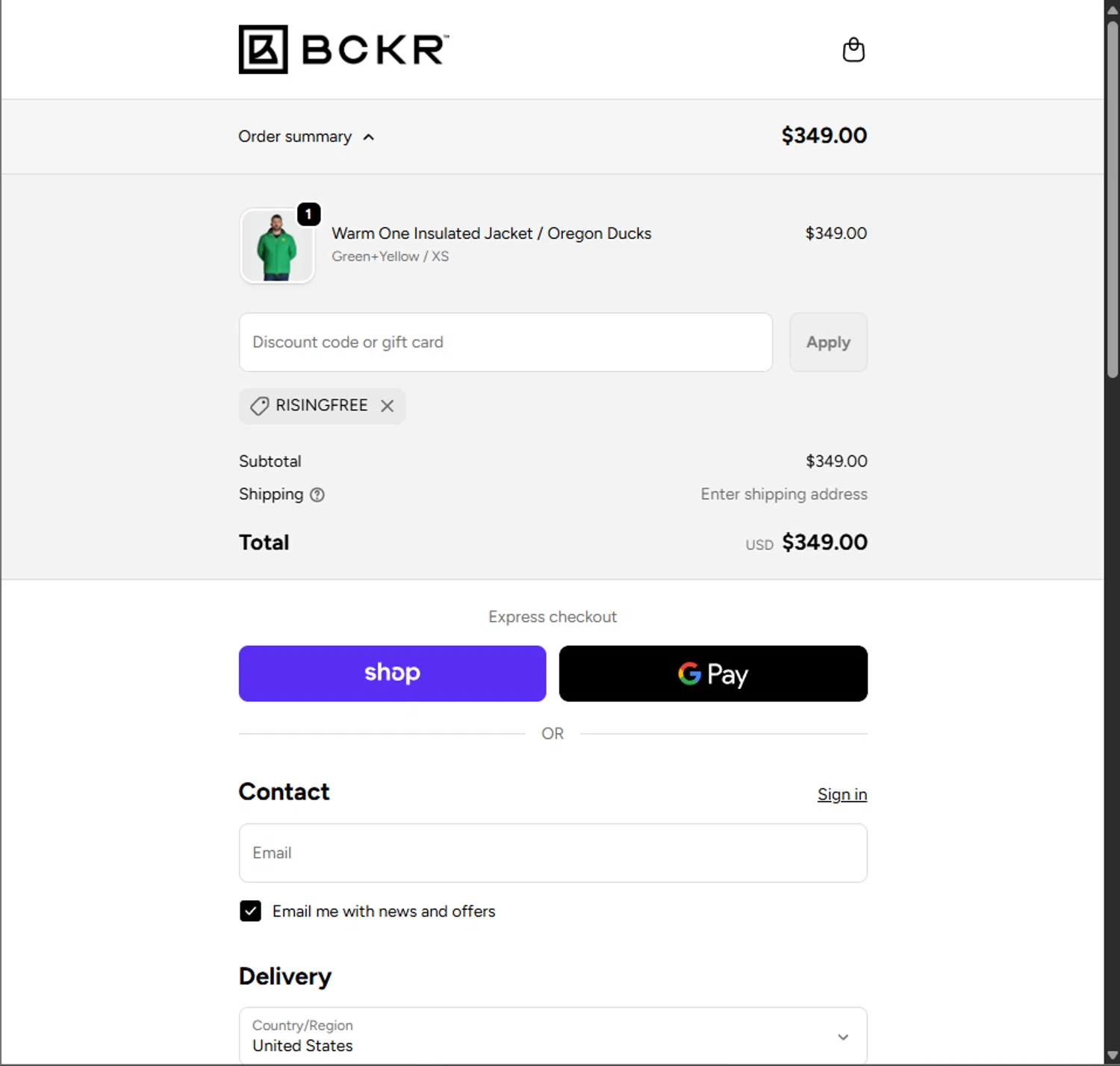 BCKR promo code screenshot showing code RISINGFREE applied at BCKR checkout page. Uploaded by SimplyCodes community member PillarsofCreation on Oct 15, 2025