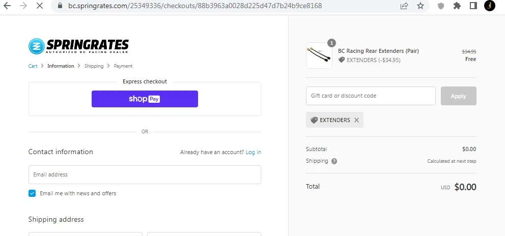 BC Racing Coilovers checkout page showing BC Racing Coilovers discount code box | Screenshot taken by SimplyCodes community member on Jun 4, 2022