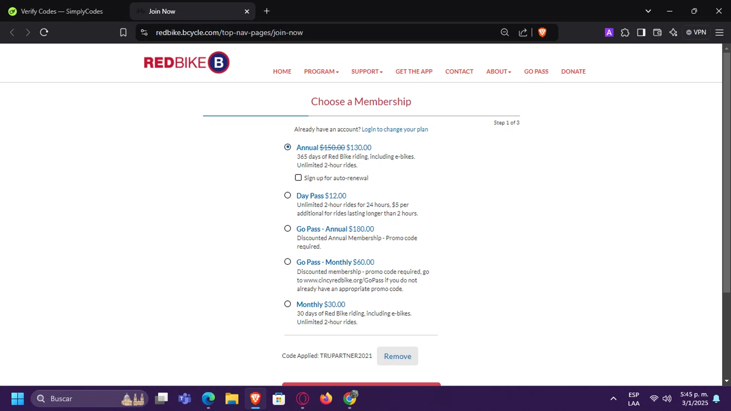 BCycle checkout page showing BCycle promo code box | Screenshot taken by SimplyCodes community member on Jan 3, 2025