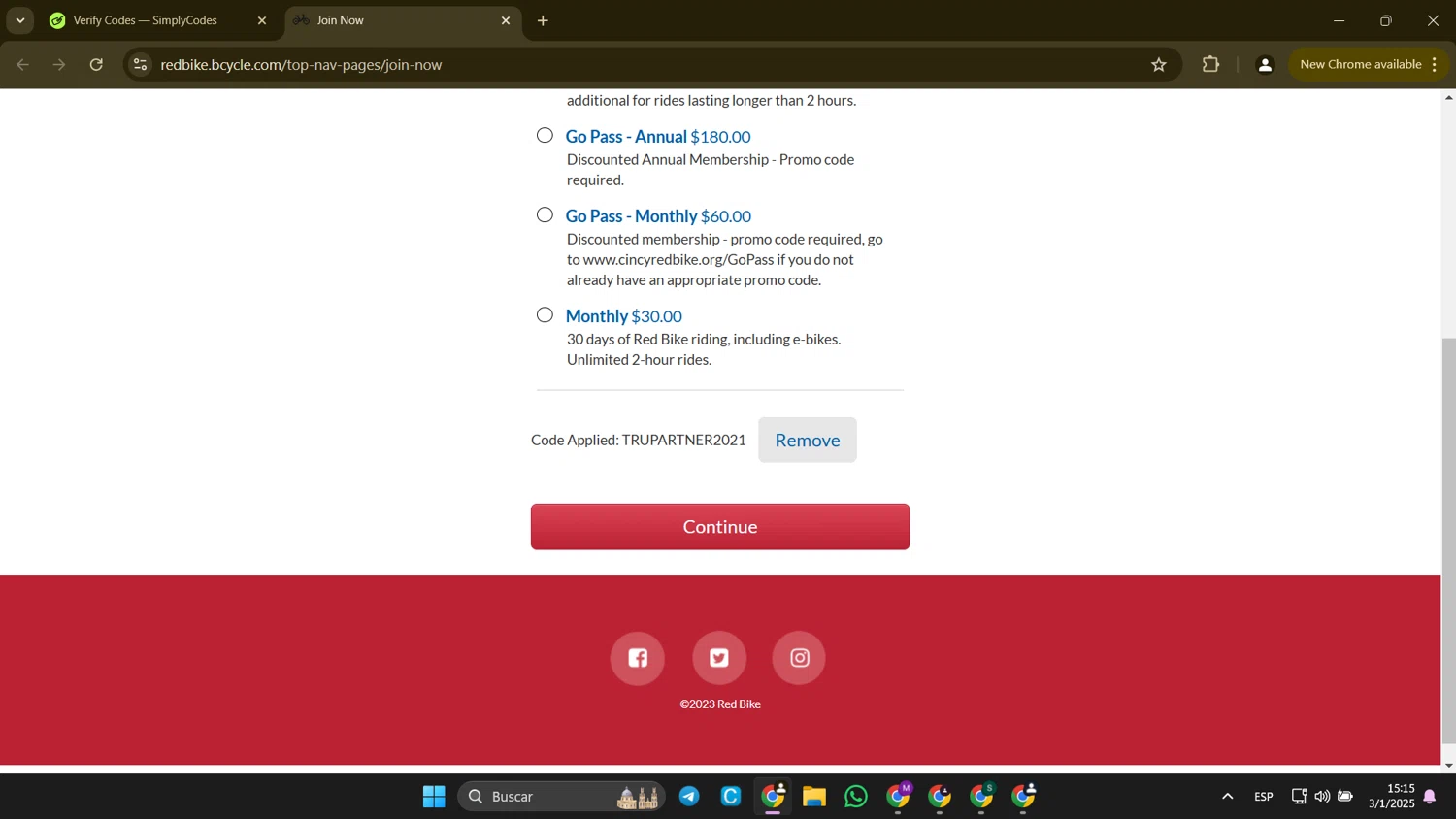 BCycle checkout page showing BCycle promo code box | Screenshot taken by SimplyCodes community member on Jan 3, 2025