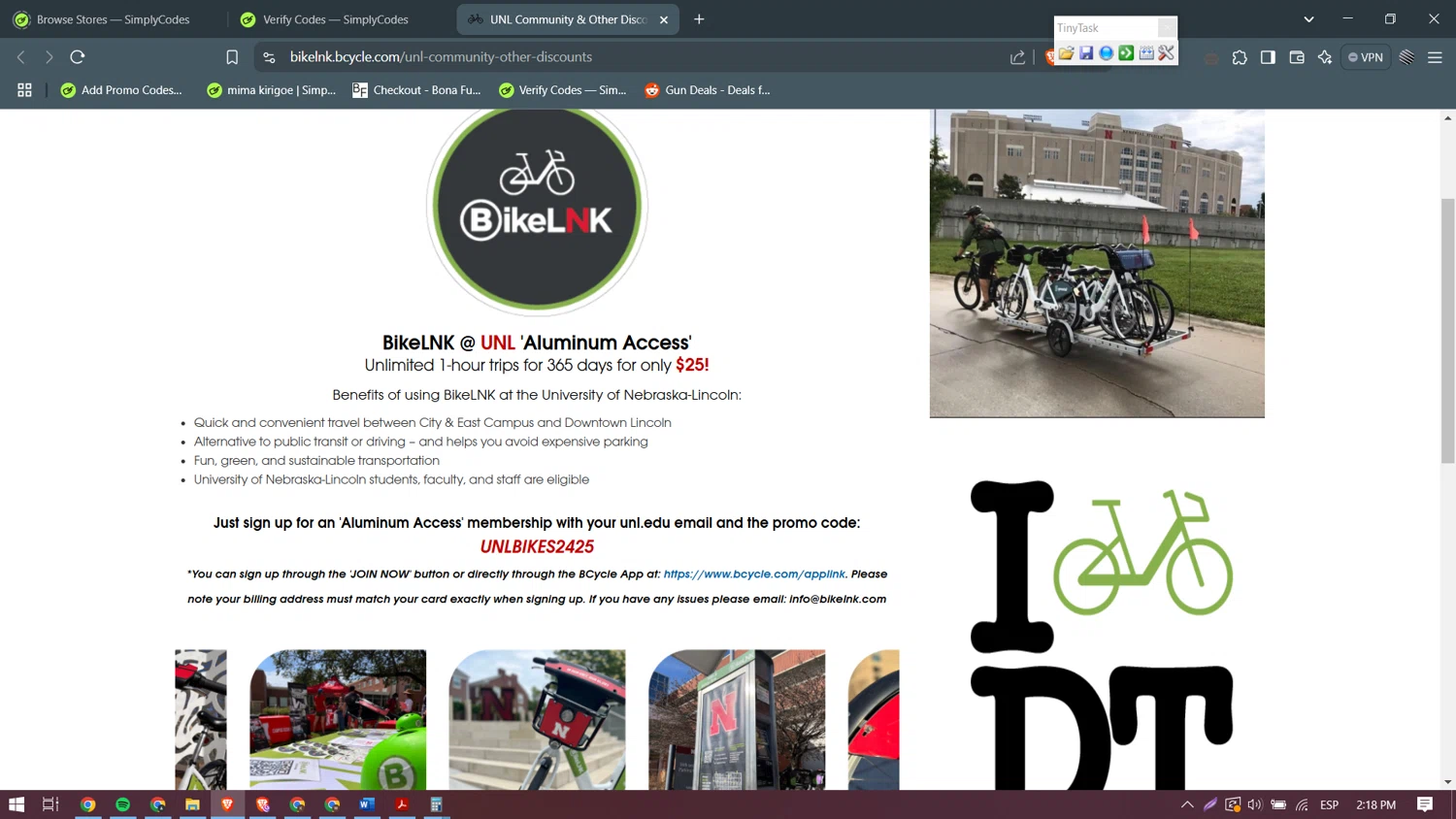 BCycle promo code screenshot showing code UNLBIKES2324 applied at BCycle checkout page. Uploaded by SimplyCodes community member becomeaware on Feb 3, 2025