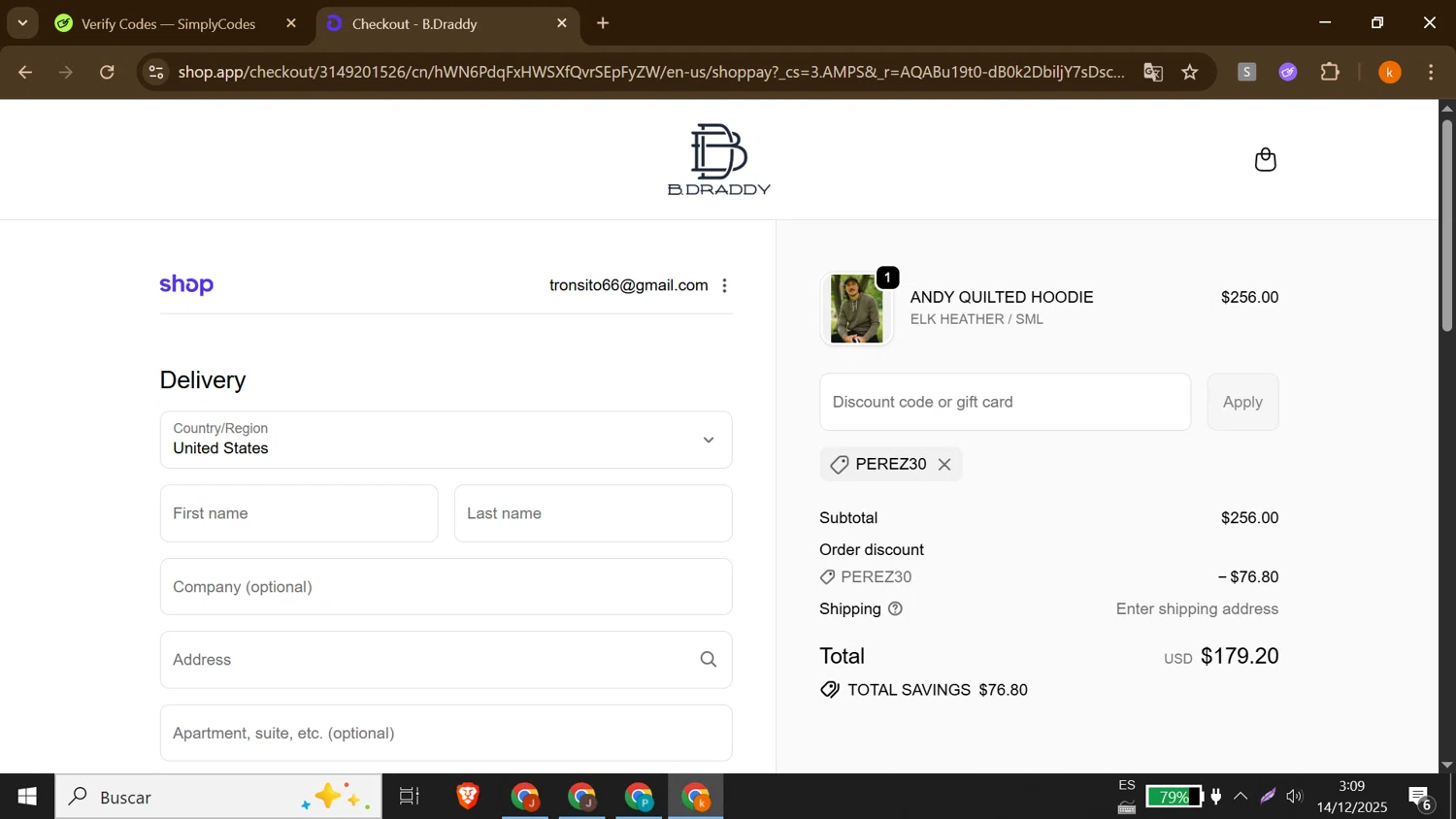 B.Draddy promo code screenshot showing code Perez30 applied at B.Draddy checkout page. Uploaded by SimplyCodes community member MoneyShopper1883 on Dec 14, 2025
