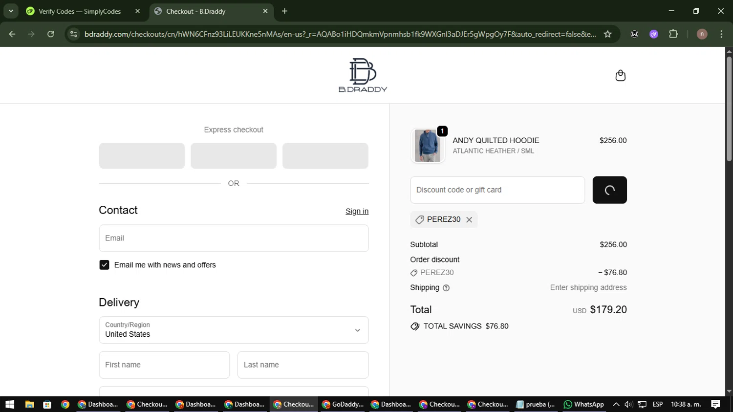 B.Draddy promo code screenshot showing code Perez30 applied at B.Draddy checkout page. Uploaded by SimplyCodes community member SmartWarden8713 on Dec 8, 2025