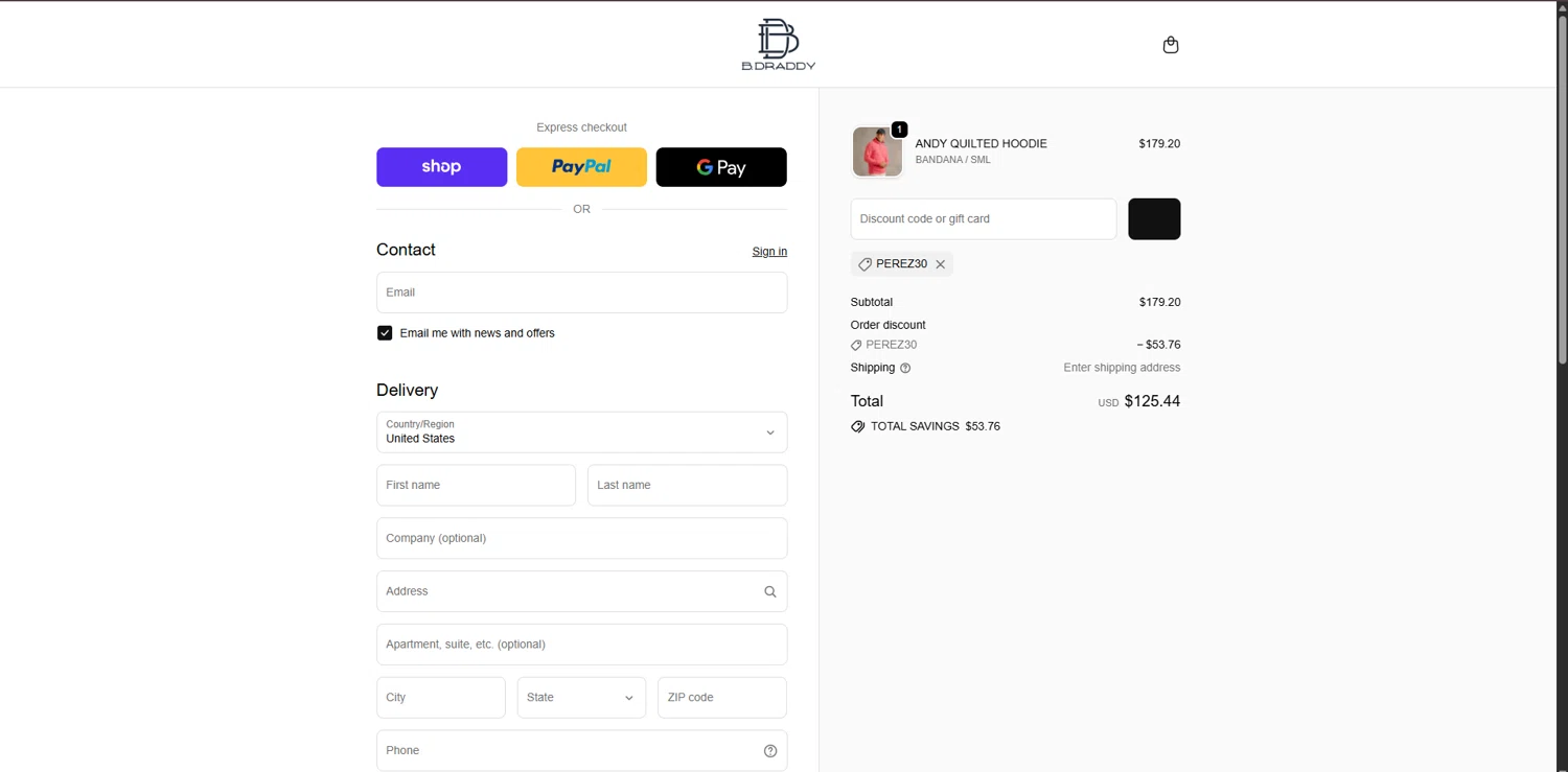 B.Draddy promo code screenshot showing code Perez30 applied at B.Draddy checkout page. Uploaded by SimplyCodes community member TreasureHero9595 on Dec 3, 2025