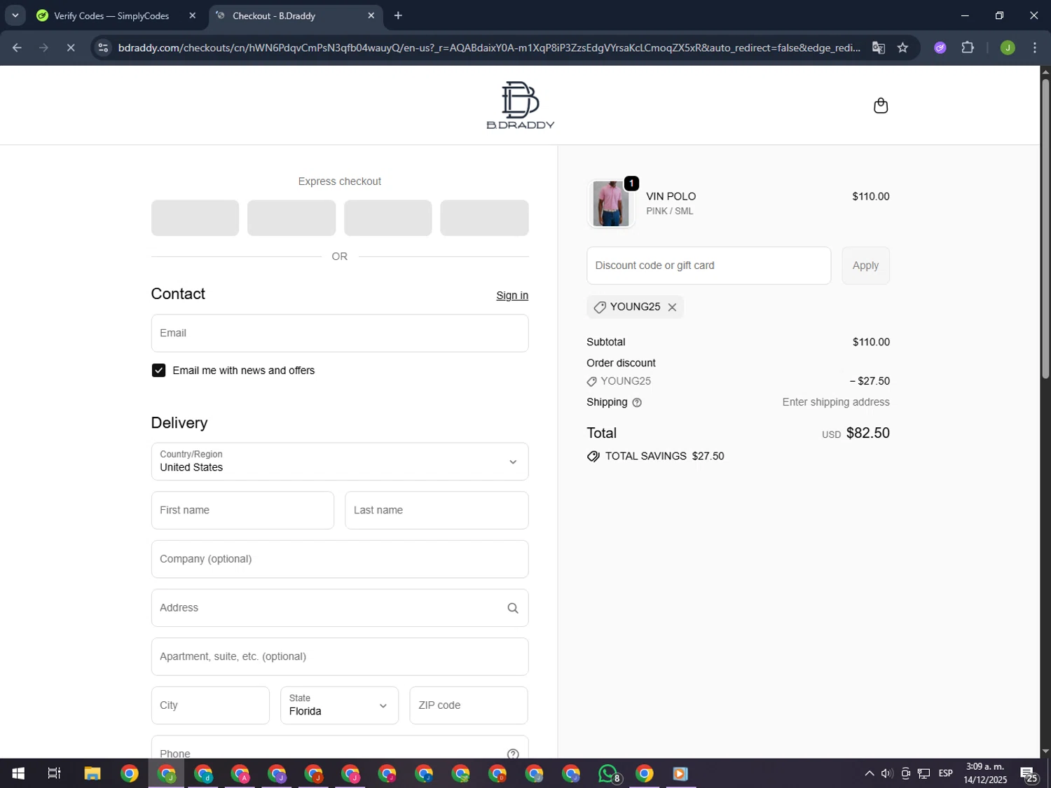 B.Draddy promo code screenshot showing code Young25 applied at B.Draddy checkout page. Uploaded by SimplyCodes community member MightyFinder1041 on Dec 14, 2025