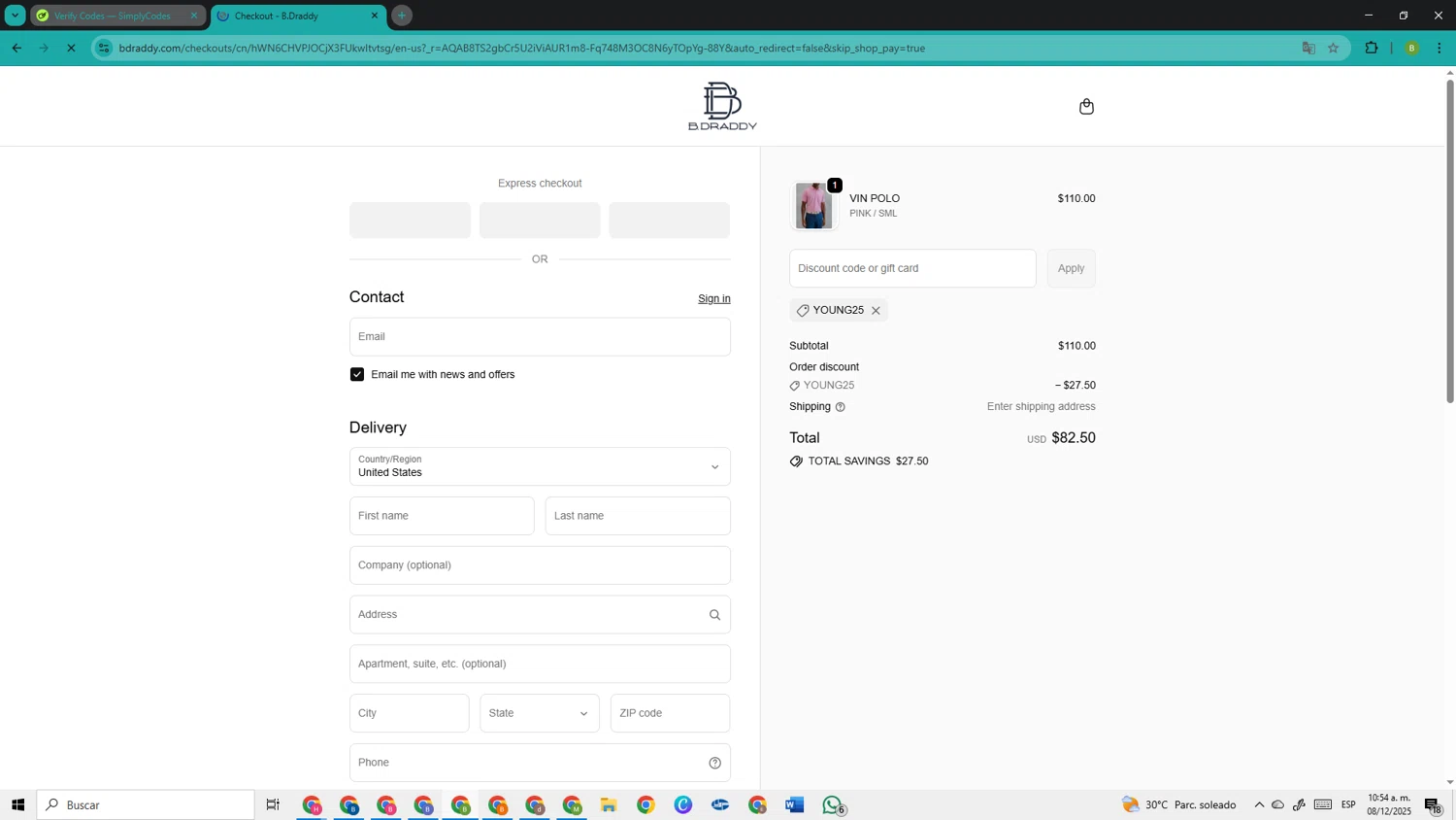 B.Draddy promo code screenshot showing code Young25 applied at B.Draddy checkout page. Uploaded by SimplyCodes community member TokenOwl8222 on Dec 8, 2025