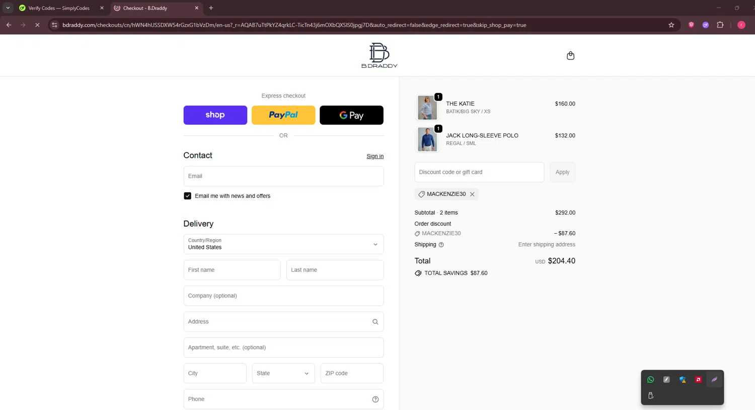 B.Draddy promo code screenshot showing code MACKENZIE30 applied at B.Draddy checkout page. Uploaded by SimplyCodes community member CouponSage7331 on Nov 27, 2025