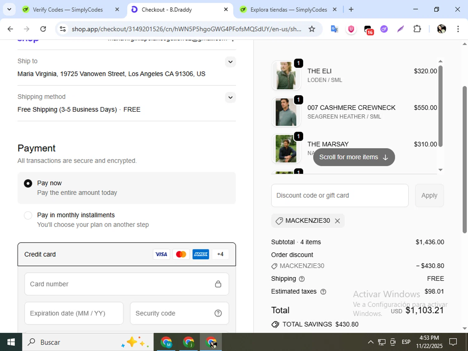 B.Draddy promo code screenshot showing code MACKENZIE30 applied at B.Draddy checkout page. Uploaded by SimplyCodes community member mariapolancog on Nov 22, 2025