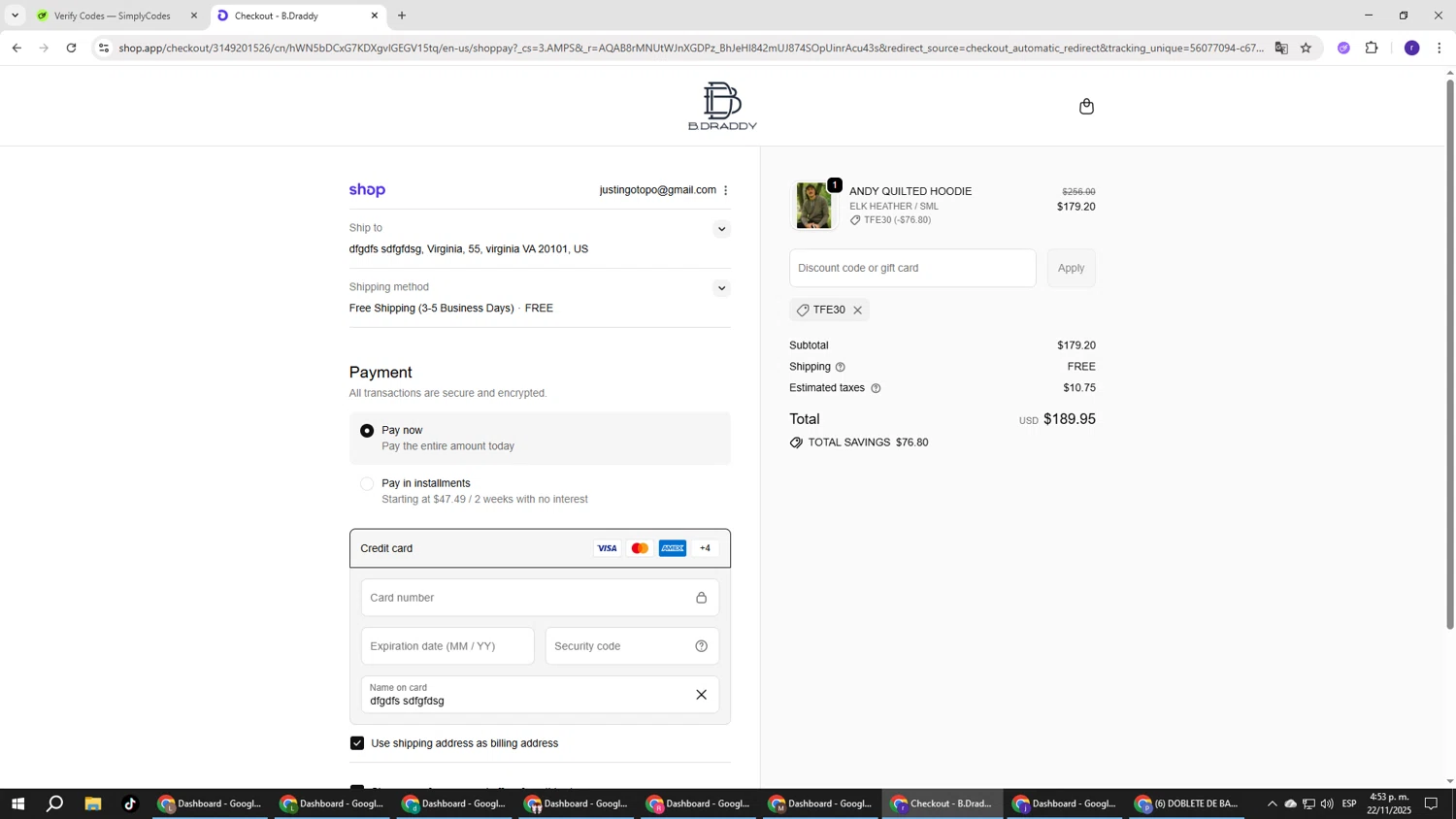 B.Draddy promo code screenshot showing code TFE30 applied at B.Draddy checkout page. Uploaded by SimplyCodes community member AberthGotopo on Nov 22, 2025