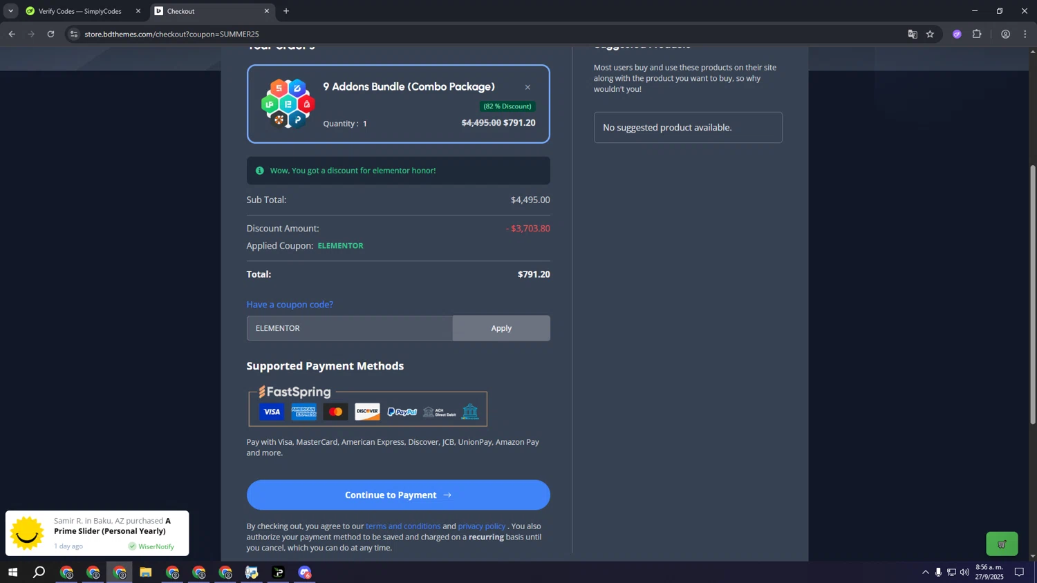 BdThemes promo code screenshot showing code ELEMENTOR applied at BdThemes checkout page. Uploaded by SimplyCodes community member eeeeeeeeeeeeeeeeeeeeee on Sep 27, 2025