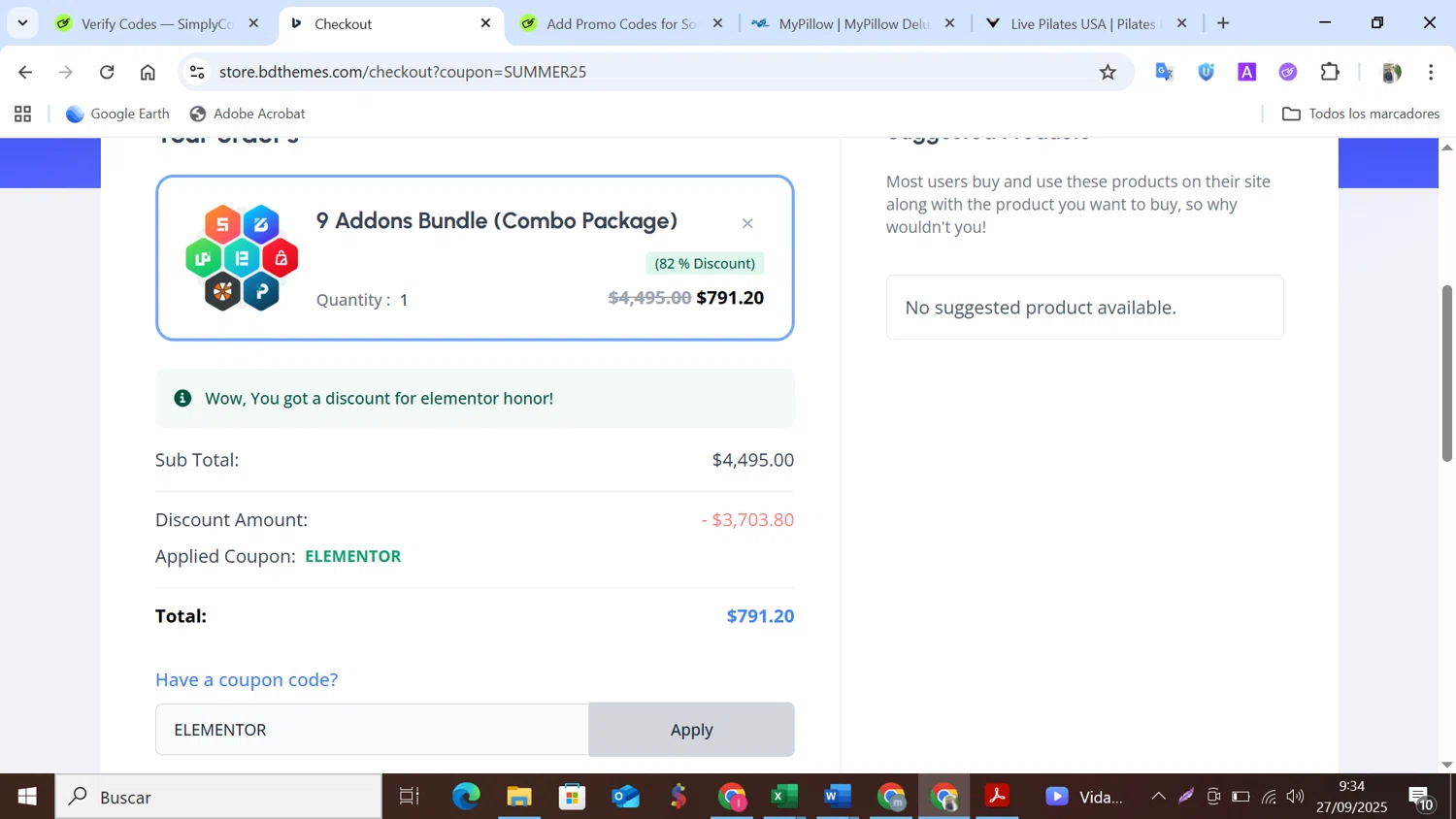 BdThemes promo code screenshot showing code ELEMENTOR applied at BdThemes checkout page. Uploaded by SimplyCodes community member NobleMonarch5837 on Sep 27, 2025
