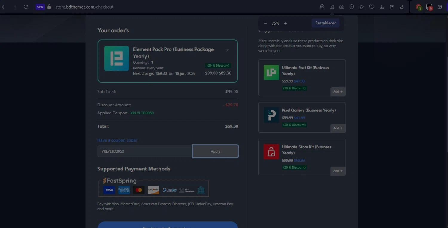 BdThemes promo code screenshot showing code YRLYLTD3050 applied at BdThemes checkout page. Uploaded by SimplyCodes community member BrilliantRanger8168 on Jun 18, 2025