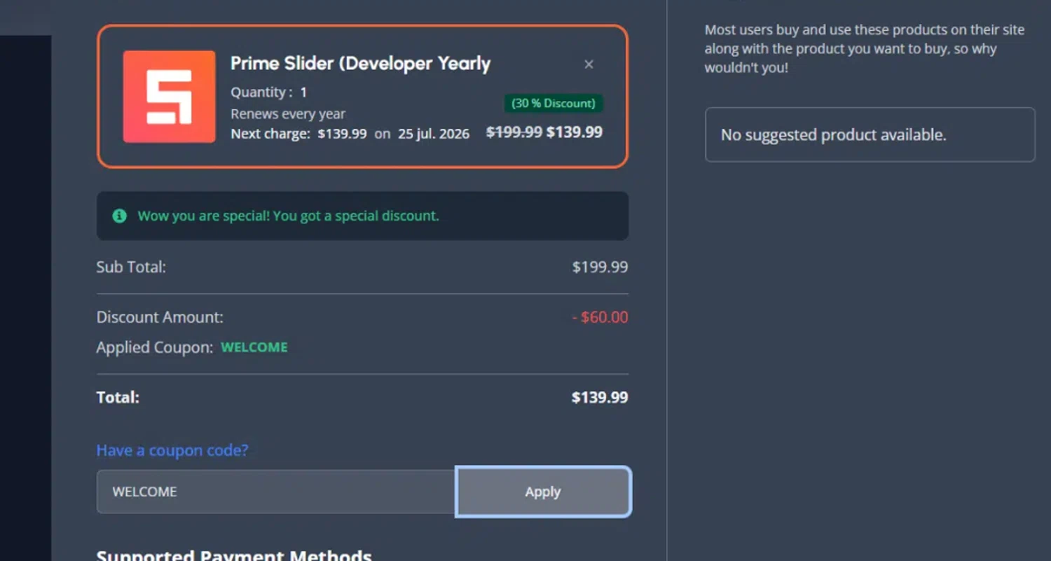 BdThemes promo code screenshot showing code WELCOME applied at BdThemes checkout page. Uploaded by SimplyCodes community member La_Cara_Mia on Oct 2, 2025