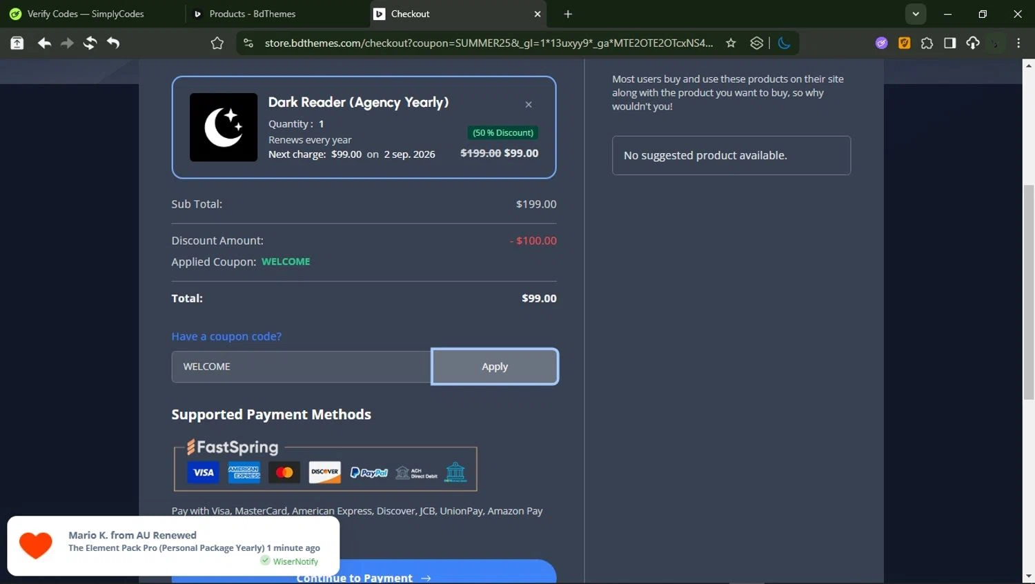 BdThemes promo code screenshot showing code WELCOME applied at BdThemes checkout page. Uploaded by SimplyCodes community member RewardMonarch1185 on Sep 2, 2025