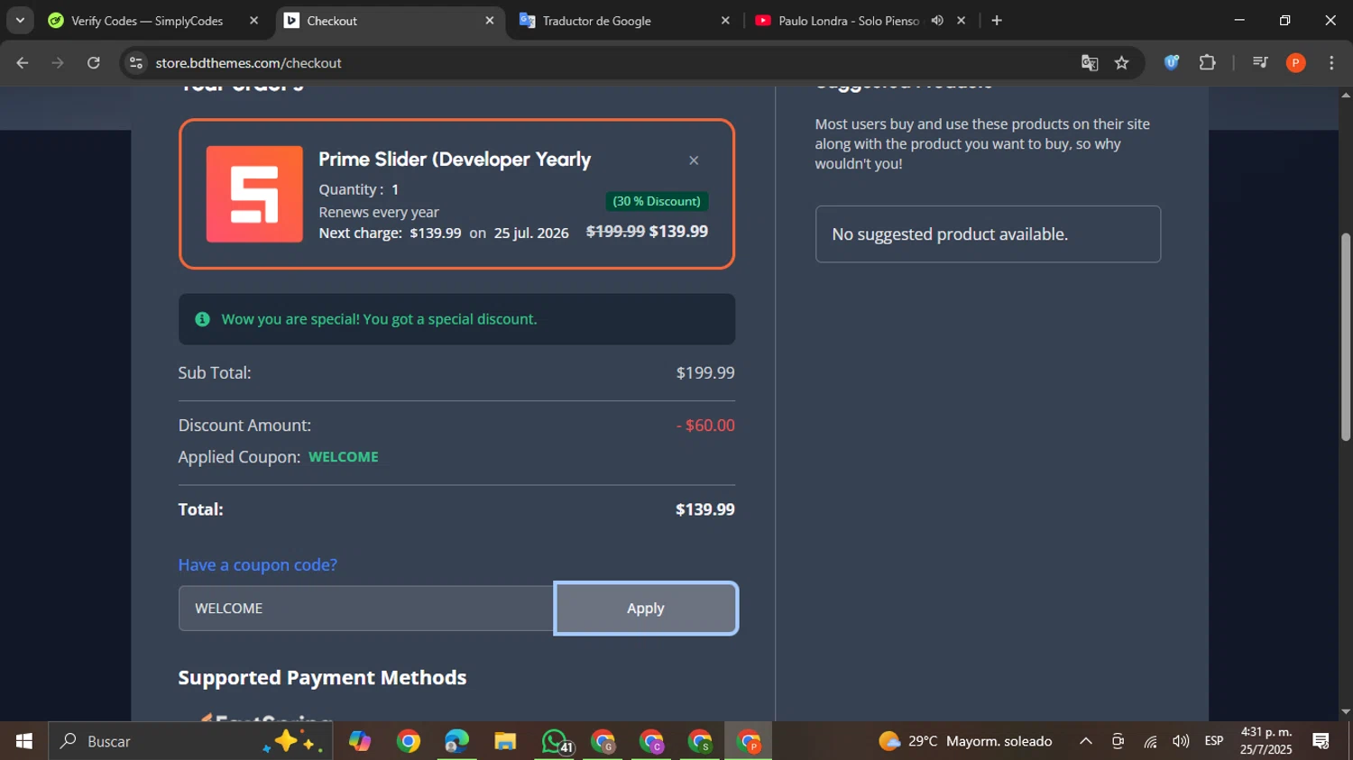 BdThemes promo code screenshot showing code WELCOME applied at BdThemes checkout page. Uploaded by SimplyCodes community member VictoriousCaptain2658 on Jul 25, 2025
