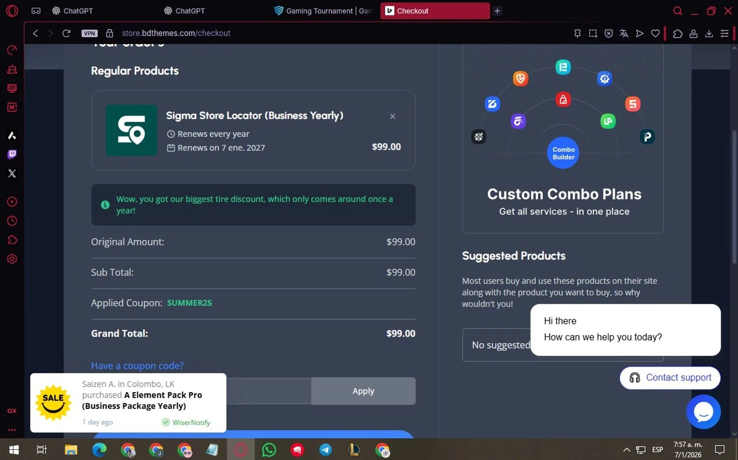 BdThemes checkout page showing BdThemes promo code box | Screenshot taken by SimplyCodes community member on Jan 7, 2026