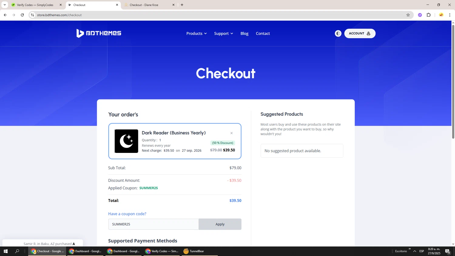 BdThemes promo code screenshot showing code SUMMER25 applied at BdThemes checkout page. Uploaded by SimplyCodes community member Richard251 on Sep 27, 2025