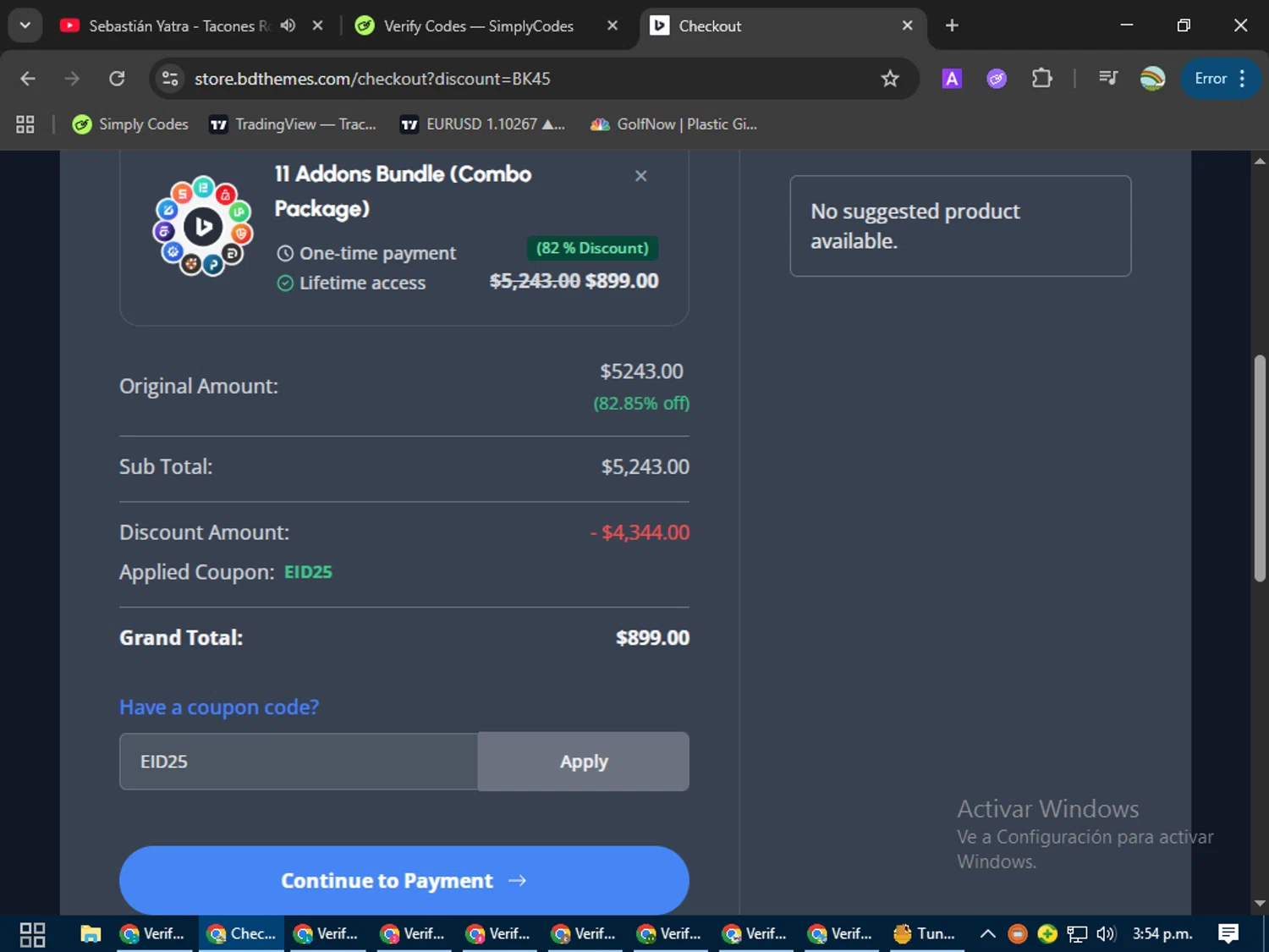 BdThemes promo code screenshot showing code EID25 applied at BdThemes checkout page. Uploaded by SimplyCodes community member CoinMaven5220 on Oct 1, 2025